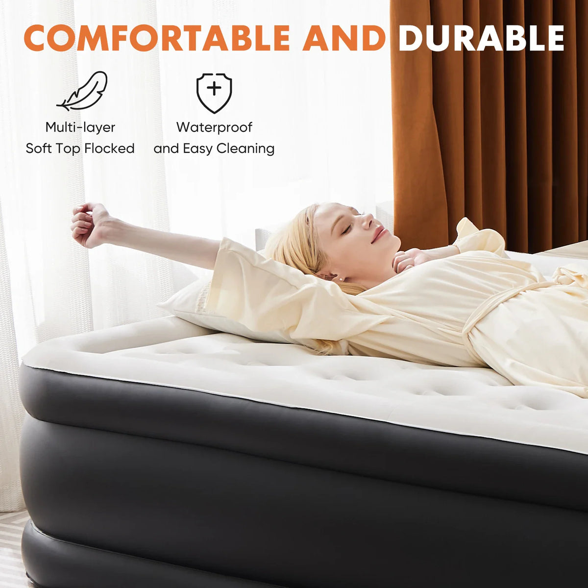 A woman lying comfortably on a black and white air mattress with soft flocked top features.
