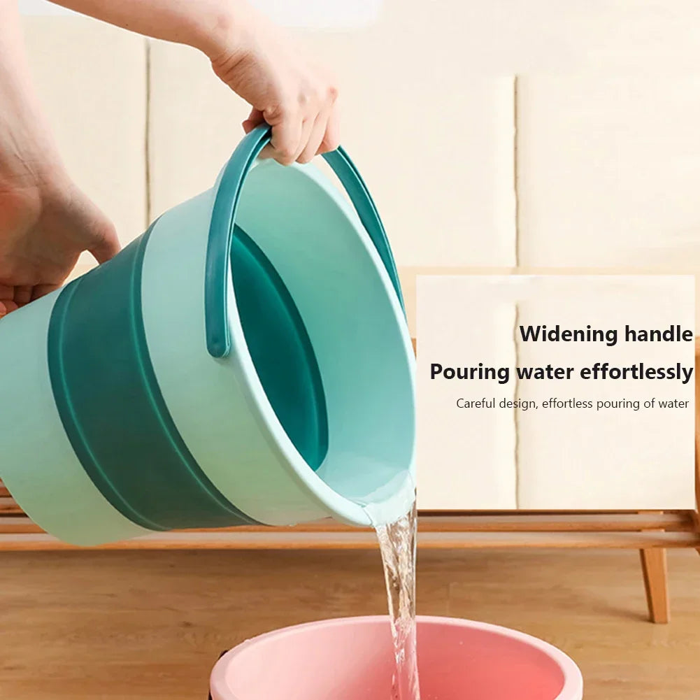 Blue and green collapsible bucket pouring water