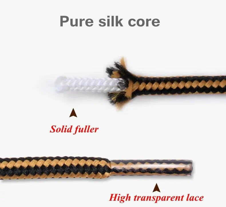 Cross section of a shoelace showing the silk core and outer fabric