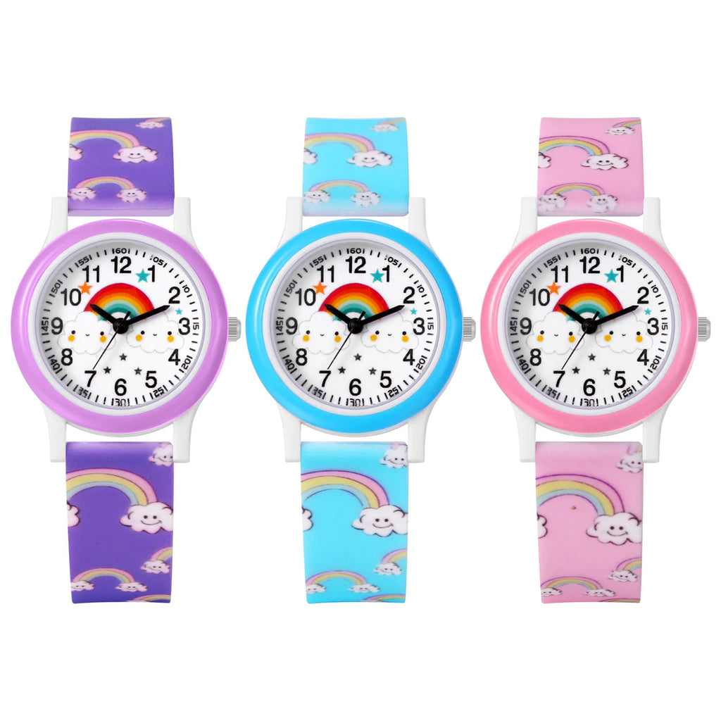 Three children's watches with rainbow and cloud print on silicone straps in purple, blue, and pink