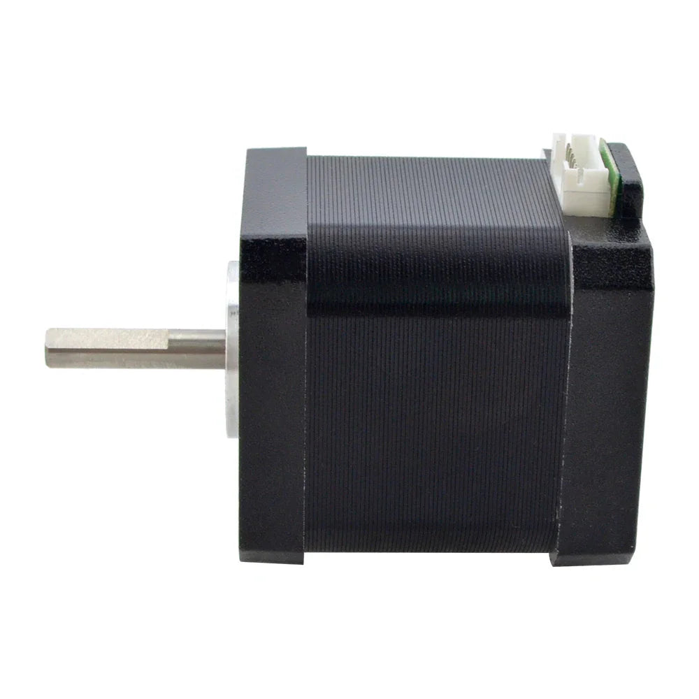 Side view of a Nema 17 stepper motor with a protruding metal shaft