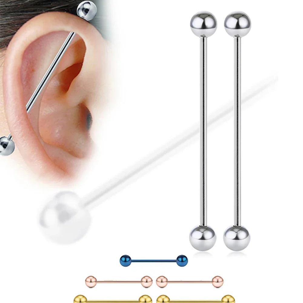 Assorted industrial barbell piercing rings shown worn in an ear and displayed on a white background.