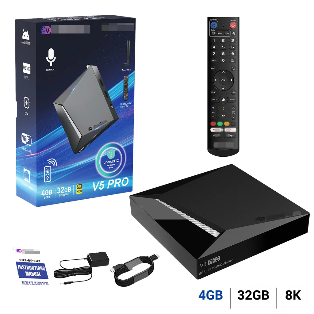 A black media streaming box with remote, power supply, HDMI cable, instruction manual and its product packaging box.