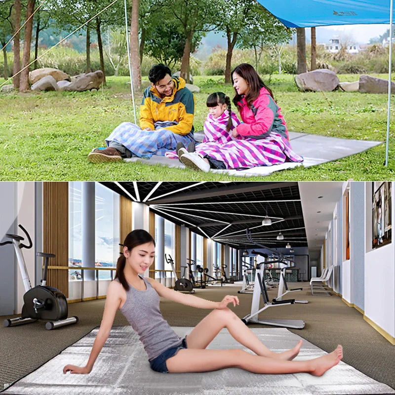 Family using a camping mat outdoors and a person using it indoors