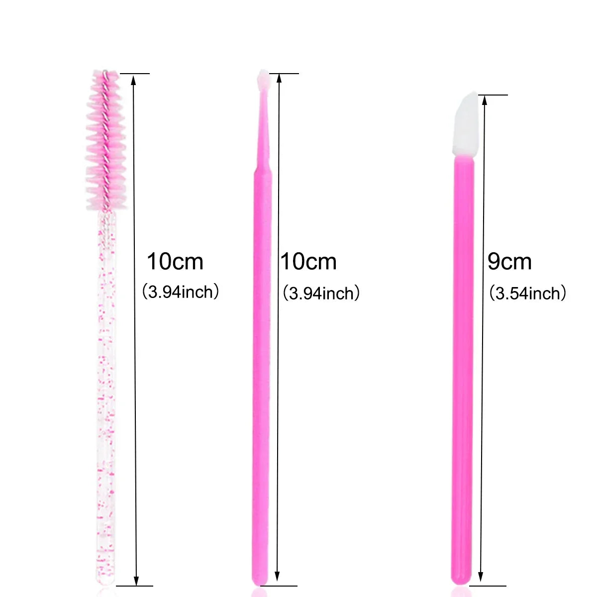 Measurement guide for disposable pink eyelash brushes and makeup applicators with dimensions in centimeters and inches.