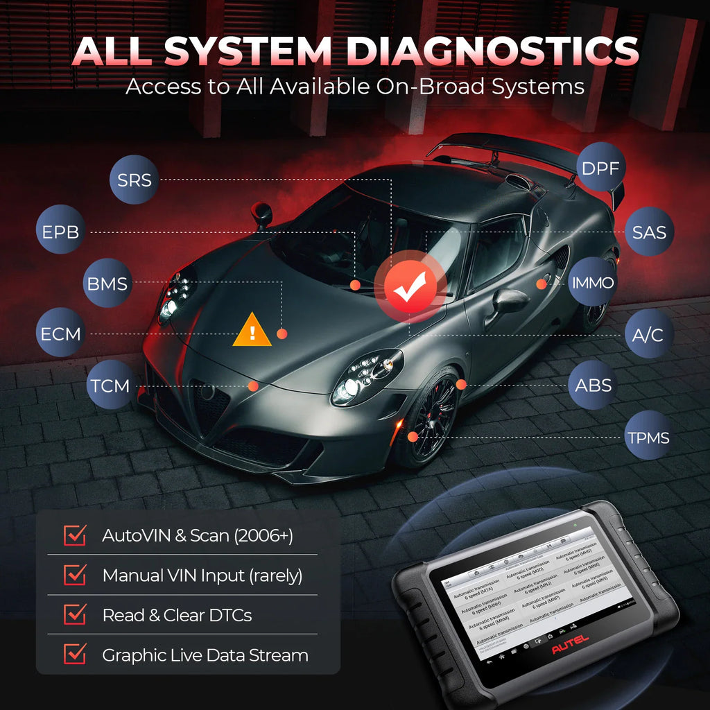 Automotive diagnostic tablet connected to a car, demonstrating system scanning and diagnostic data capabilities.