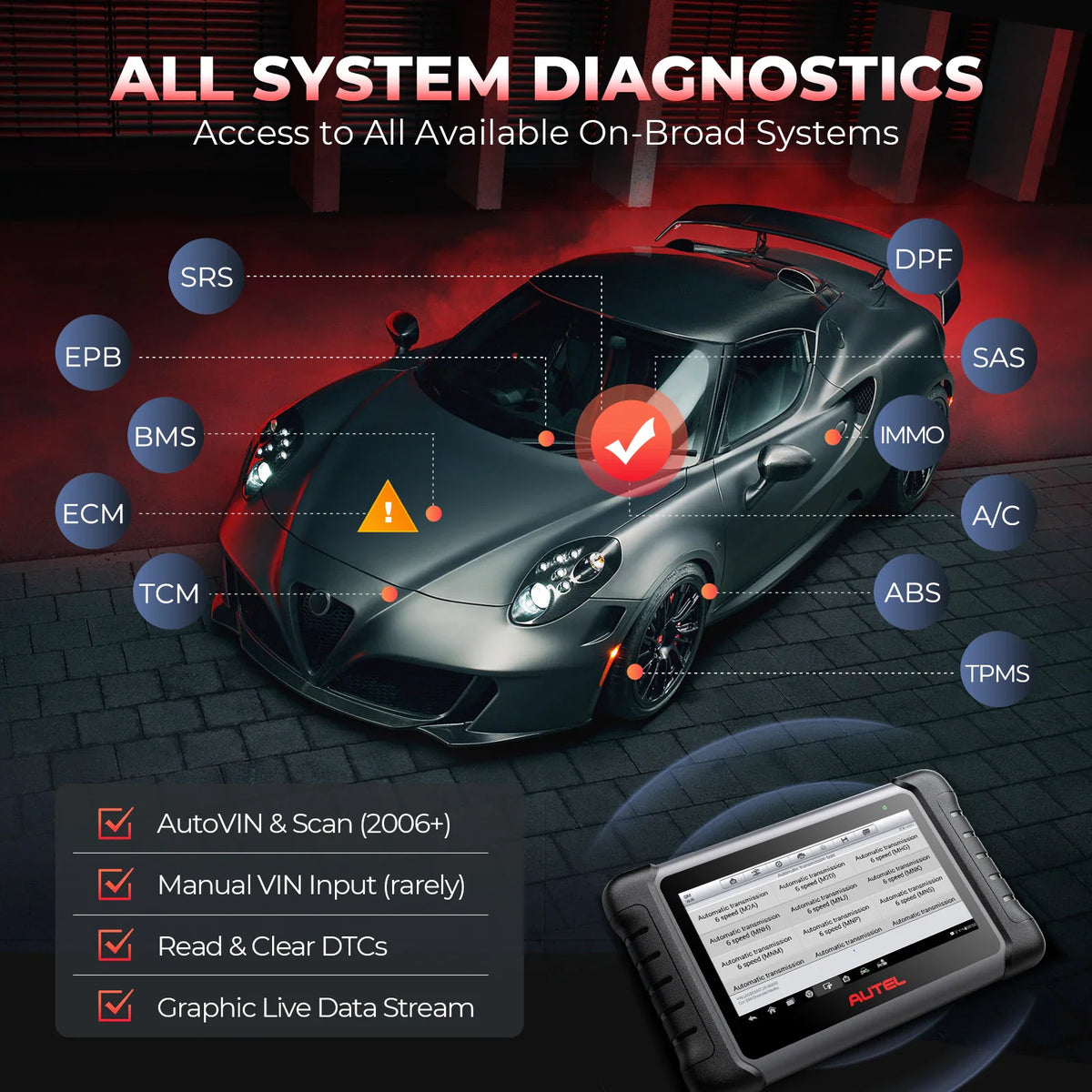 Automotive diagnostic tablet connected to a car, demonstrating system scanning and diagnostic data capabilities.