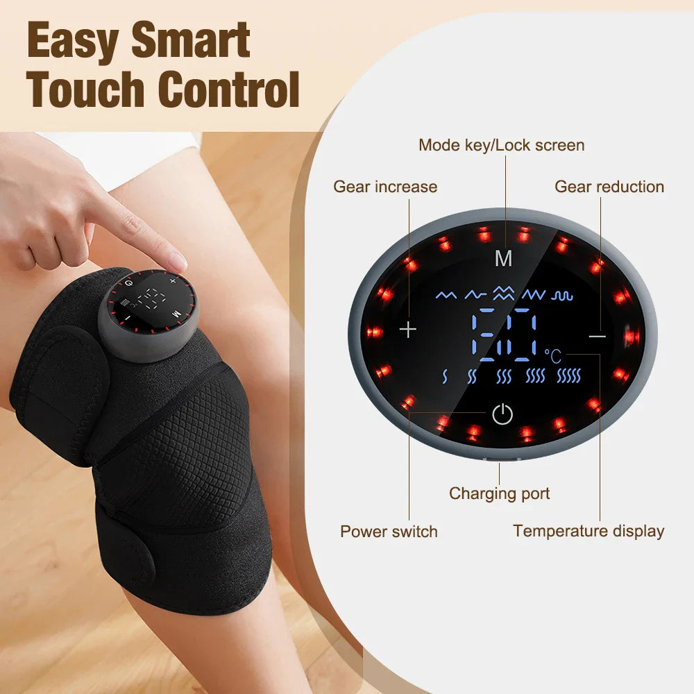 Close up of touch control panel on a black electric knee heating and vibration massager