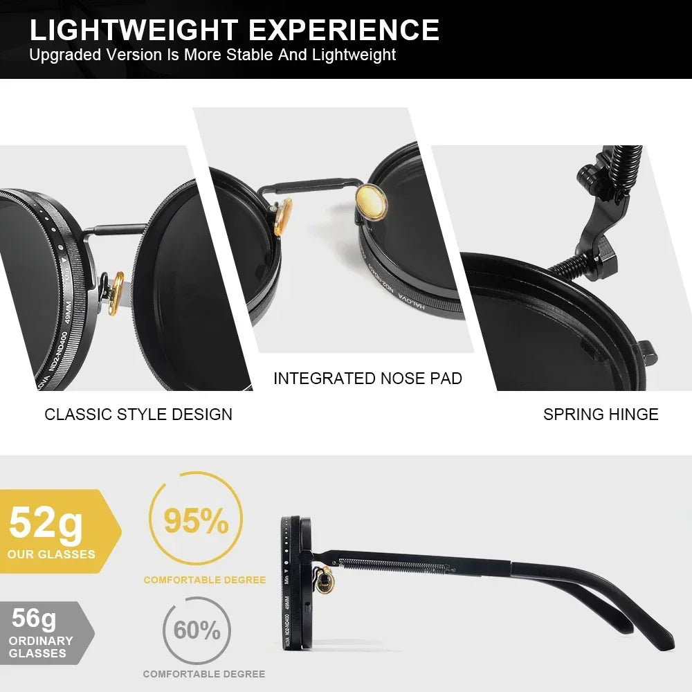 Close-up details of sunglasses showing nose pad, frame design, and weight.
