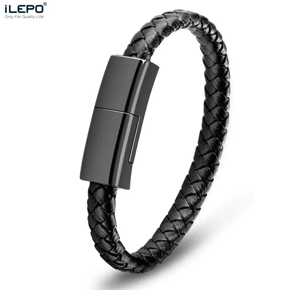 Black braided leather bracelet that functions as a charging cable