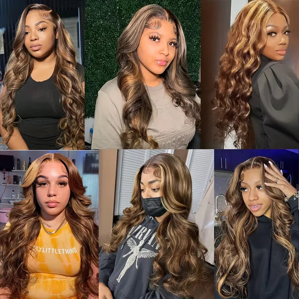 Collage of women wearing long brown and blonde highlighted wavy lace front human hair wigs