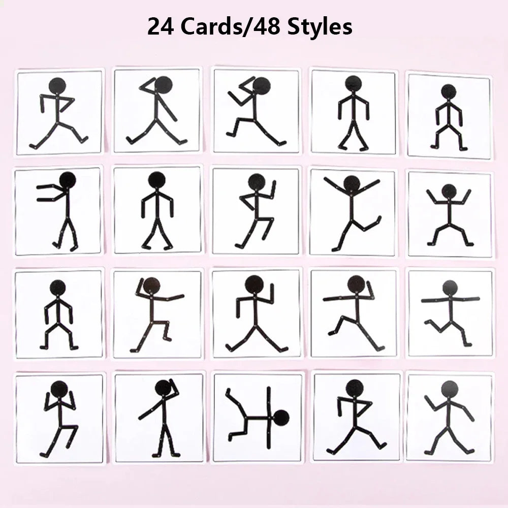 A collection of 20 cards showing various poses for a stick figure toy, arranged in a grid.