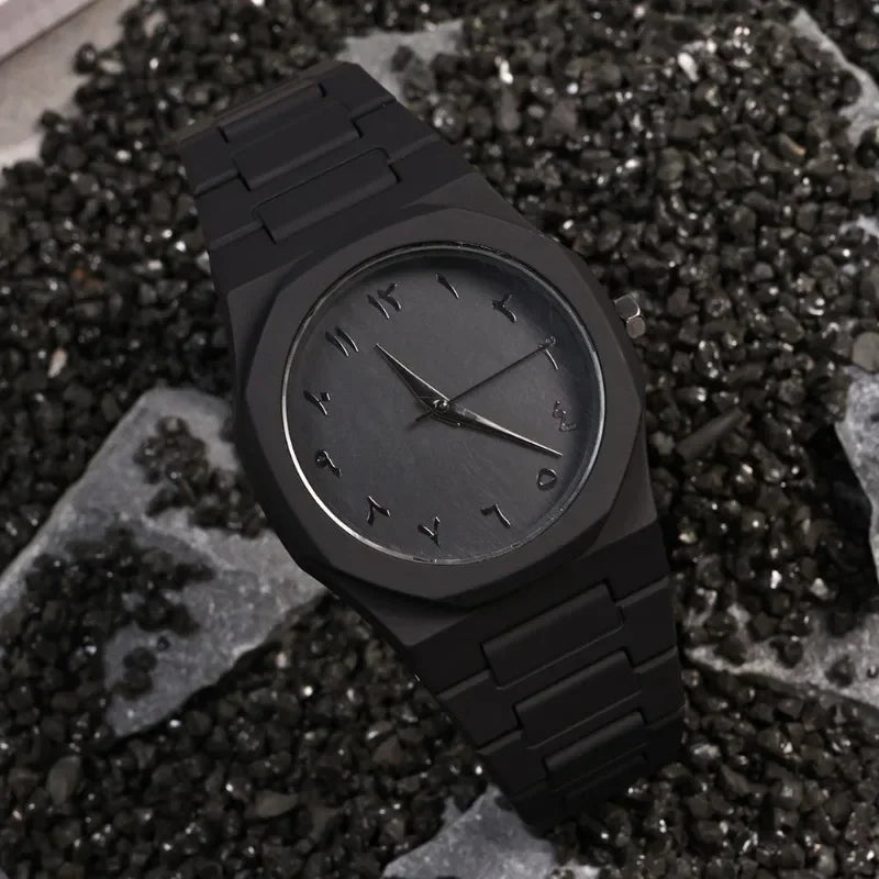 A quartz wristwatch with an irregular 40mm plastic case and a silicone band available in five colors