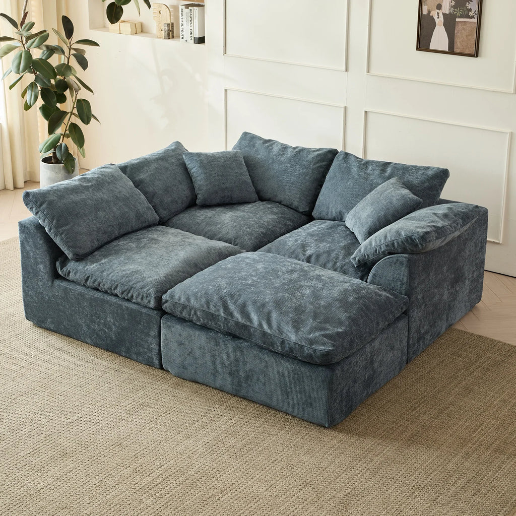Blue modular sofa arranged in a square configuration.
