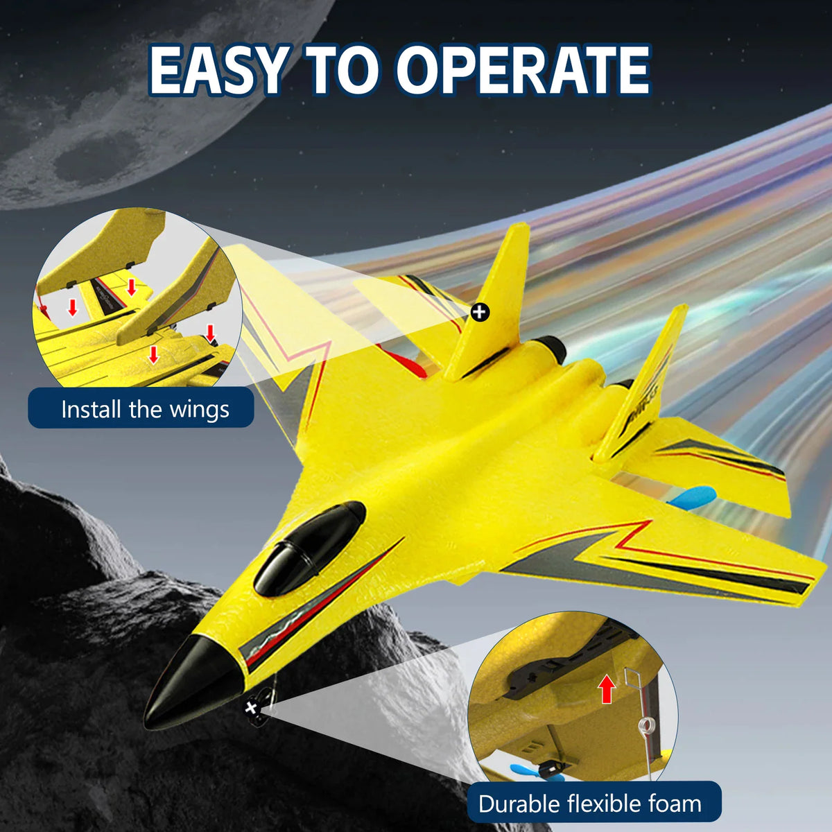 Yellow foam RC fighter jet assembly instructions showing wing installation and foam material