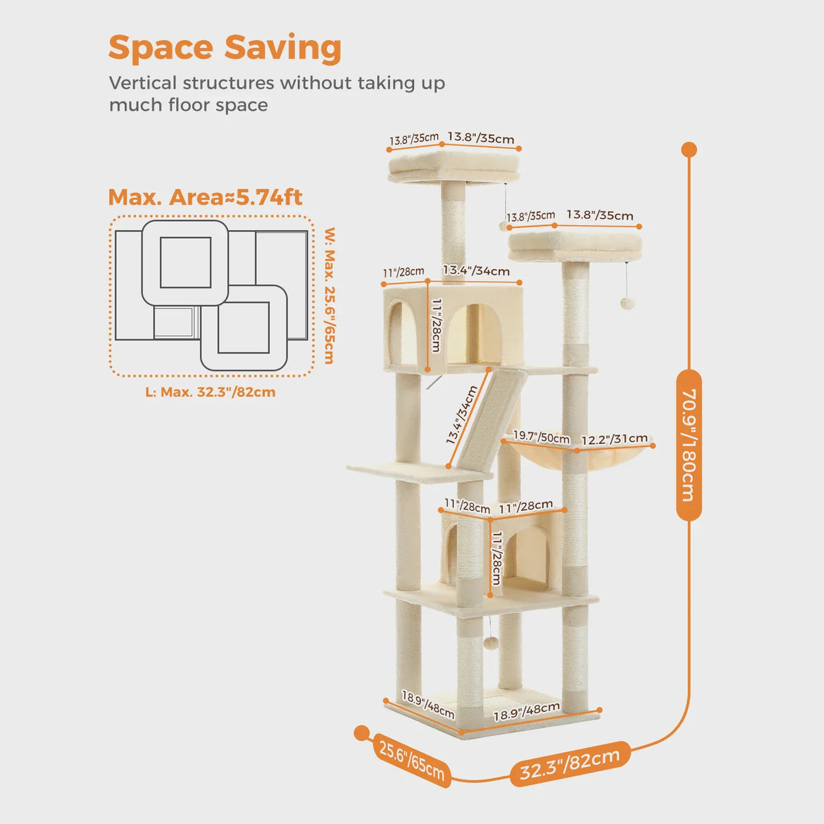 Beige multi-level cat tree tower with labeled dimensions and space-saving diagram.