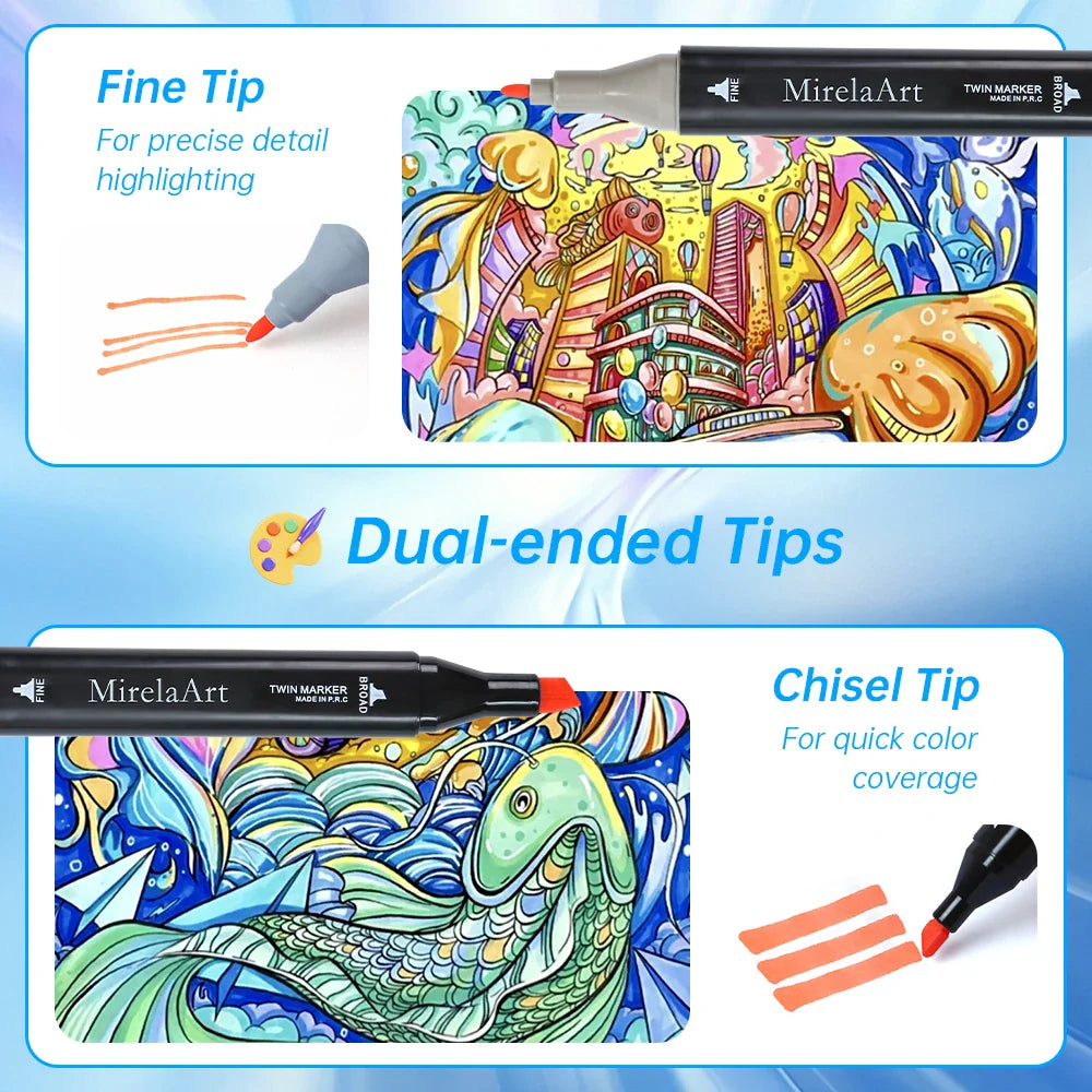 A split screen image showing dual-tipped markers being used to color artistic drawings of a city and a fish.