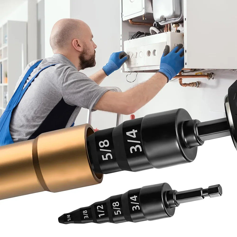 Technician using a pipe swaging tool on an air conditioning unit