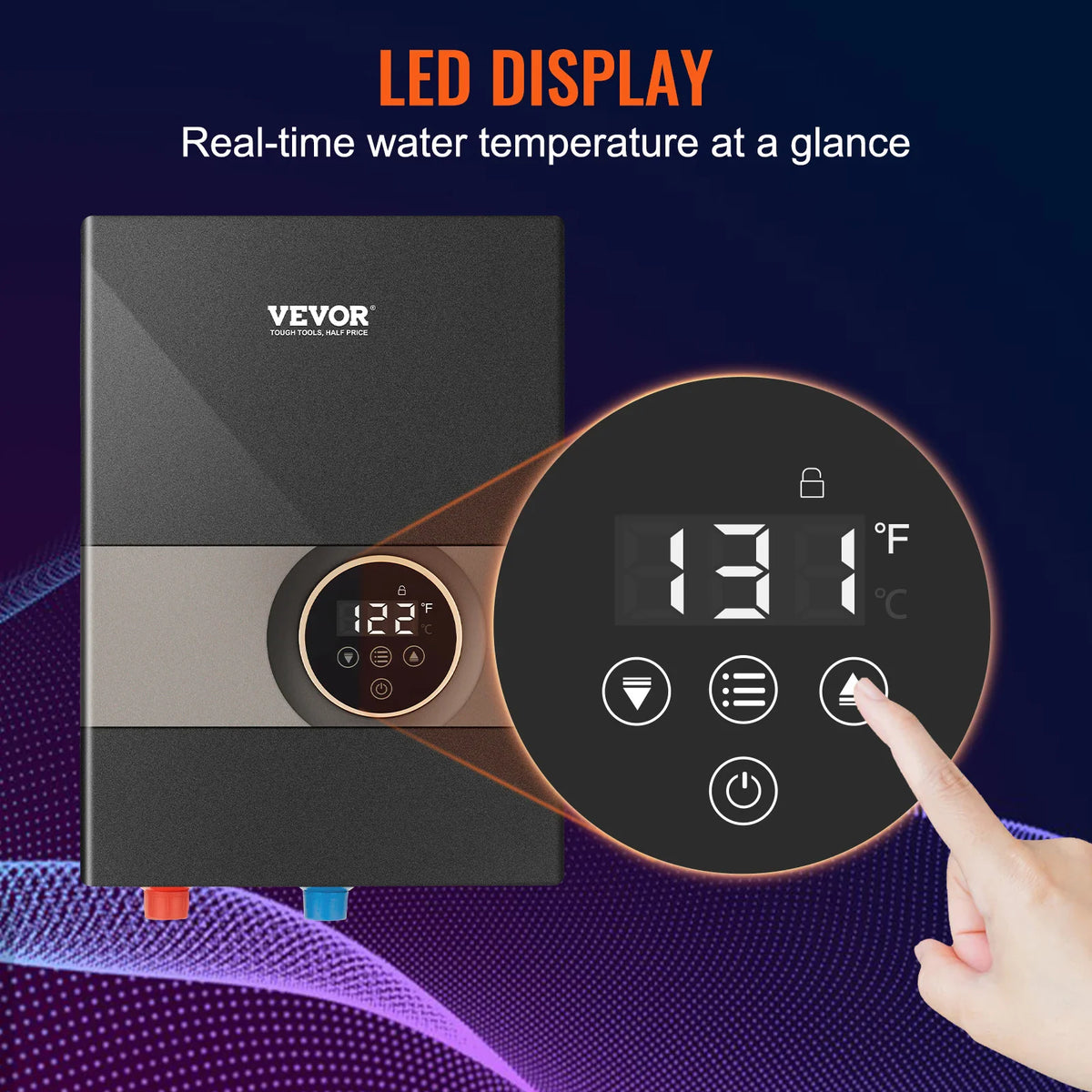 Close up of digital LED control panel on an electric tankless water heater with human hand adjusting settings