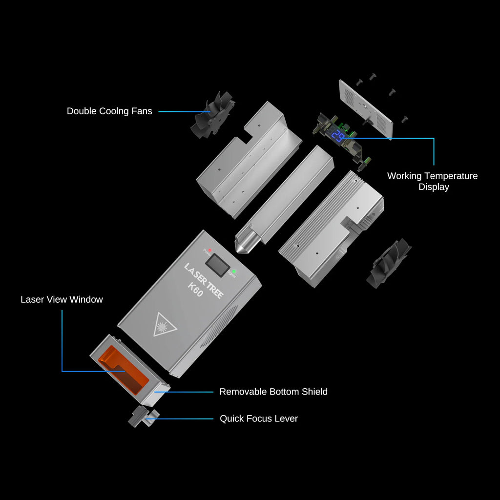 Exploded view diagram of 60W laser module parts including cooling fans, display and focus lever