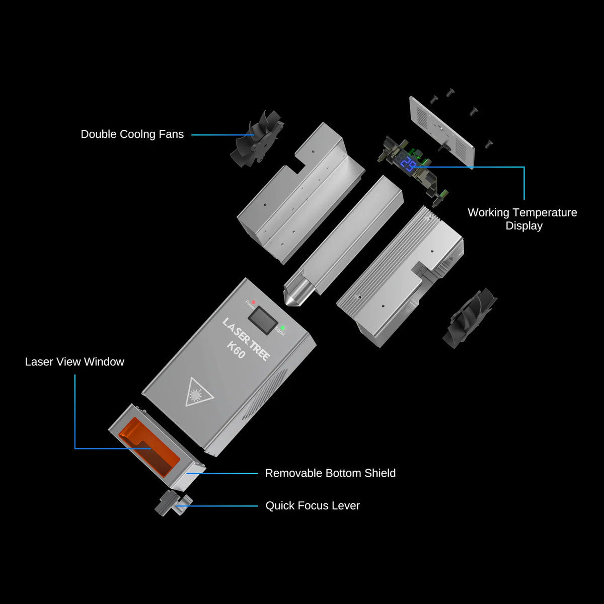 Exploded view diagram of 60W laser module parts including cooling fans, display and focus lever