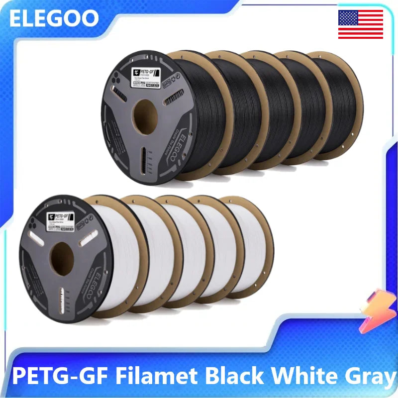PETG-GF filament spools in black and white