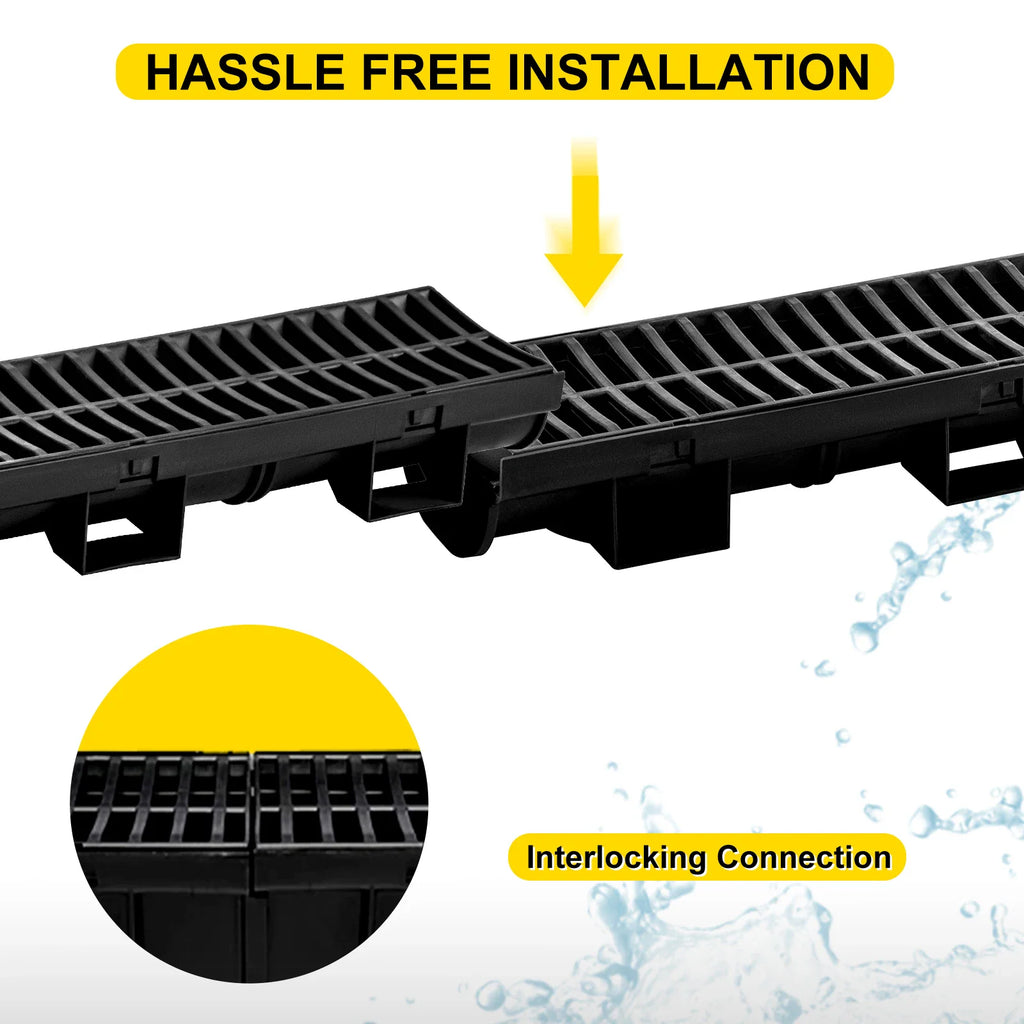 Black plastic trench drain segment with interlocking mechanism