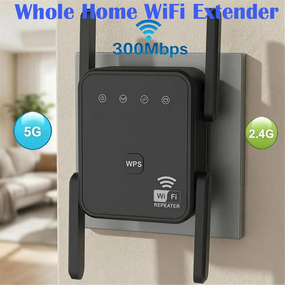 Black wireless Wi-Fi signal range extender with antennas plugged into a wall outlet