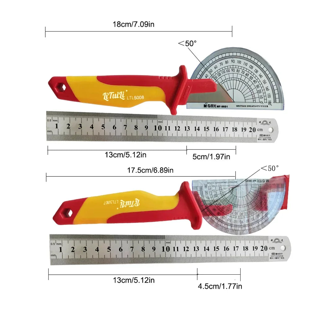 Two electrician knives measured with a ruler and protractor to show dimensions and blade angles