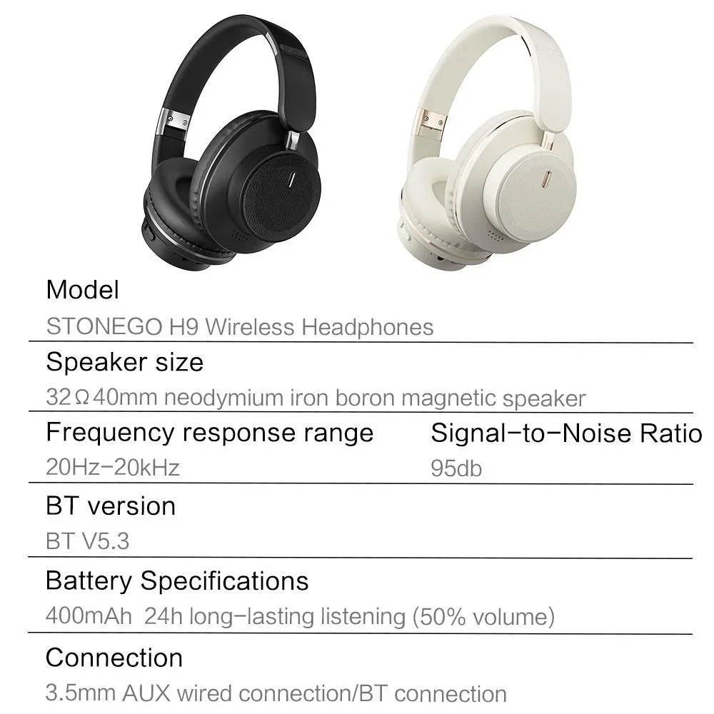 Black and beige wireless headphones with a technical specification table below