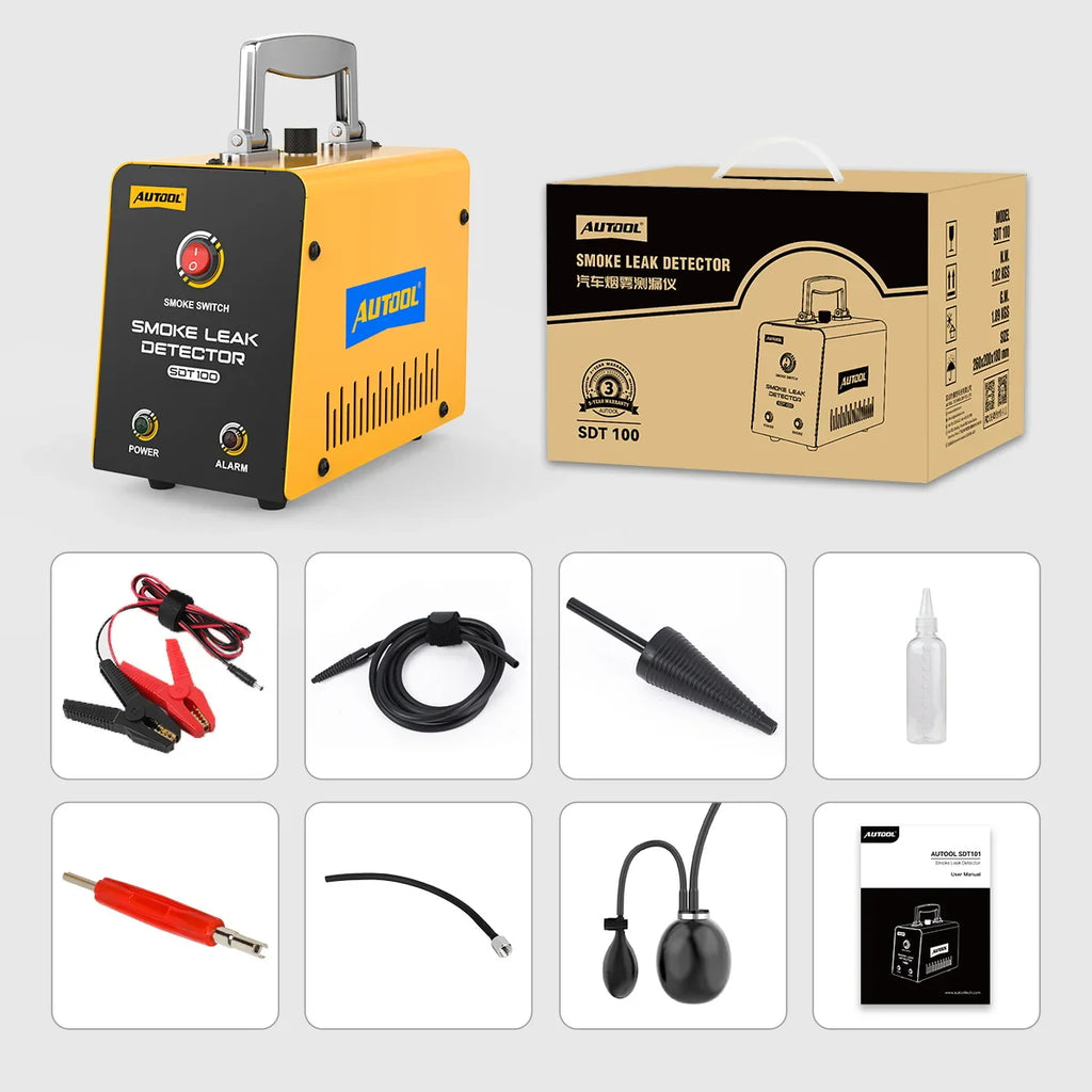 Automotive smoke leak detector machine with its packaging box and included accessories