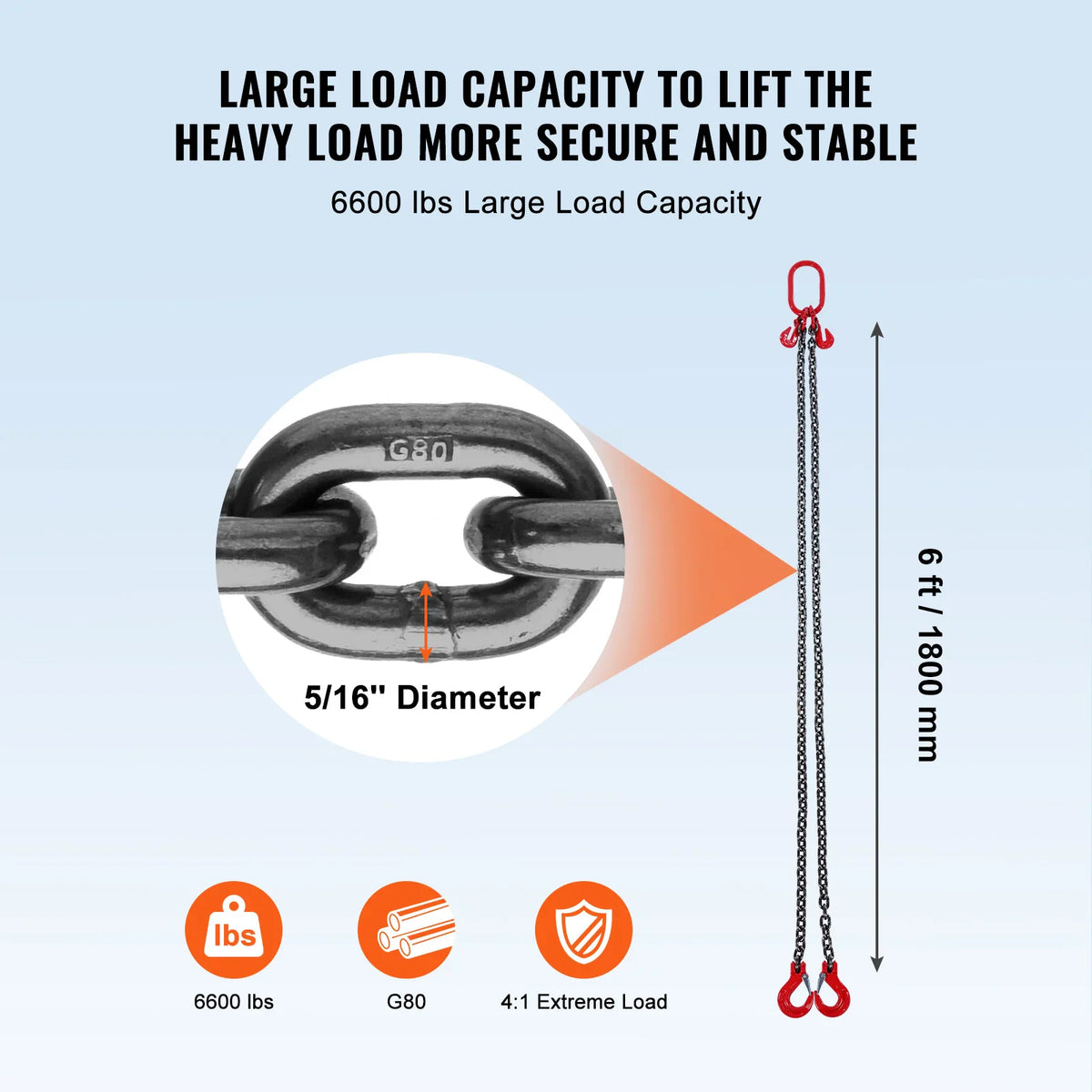 Technical diagram showing 6ft 8mm heavy duty G80 lifting chain with load capacity details