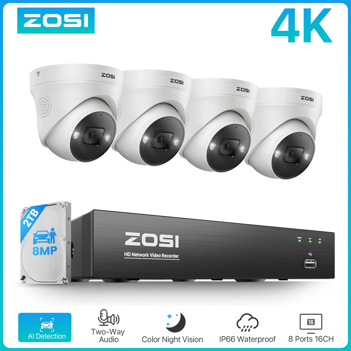 ZOSI PoE security camera system with multiple bullet cameras and 8-channel NVR