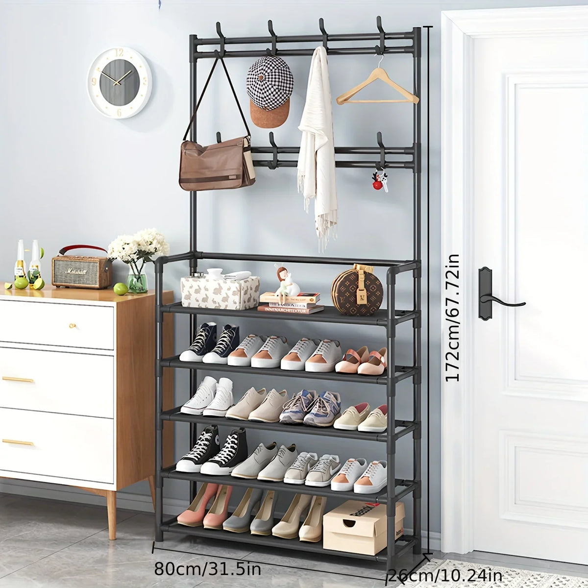 Black 5-tier metal floor standing coat rack and shoe storage shelf with multiple hooks