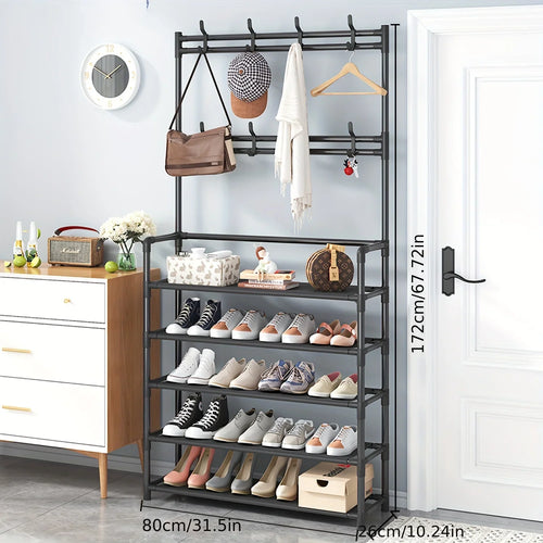 Black 5-tier metal floor standing coat rack and shoe storage shelf with multiple hooks