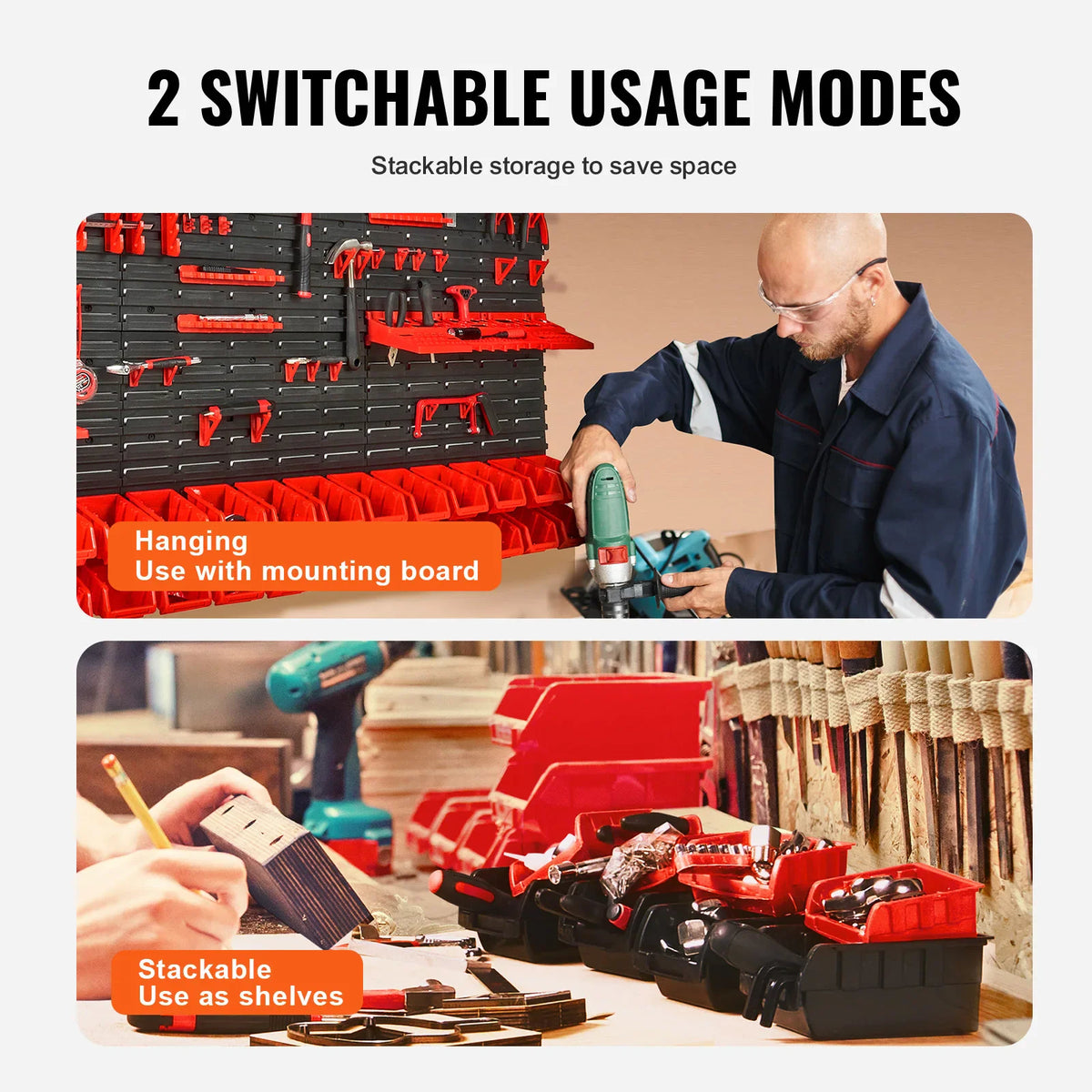 Tool organizer system displayed in two modes: wall-mounted and stacked on a workbench
