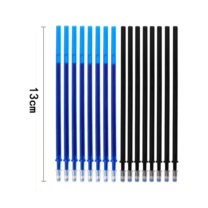 Group of blue and black ink pen refills with a dimension label