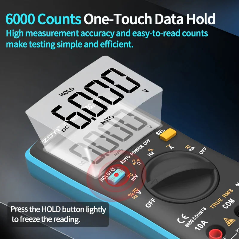 Close-up of a digital multimeter screen highlighting the hold button function for freezing measurement readings