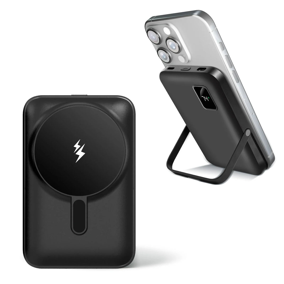 Black magnetic portable wireless power bank with foldable kickstand attached to a smartphone