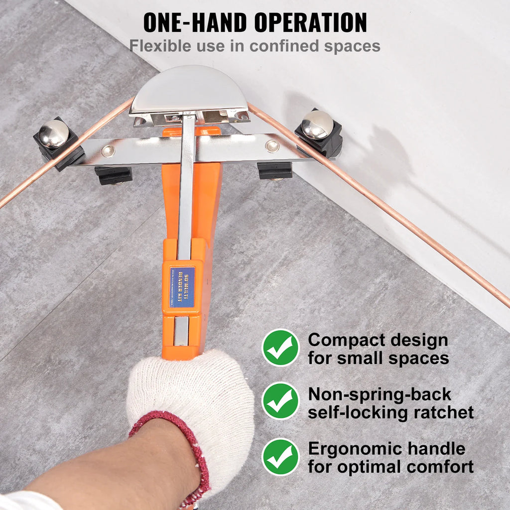 Manual ratcheting pipe bender being used to create a 90-degree corner bend