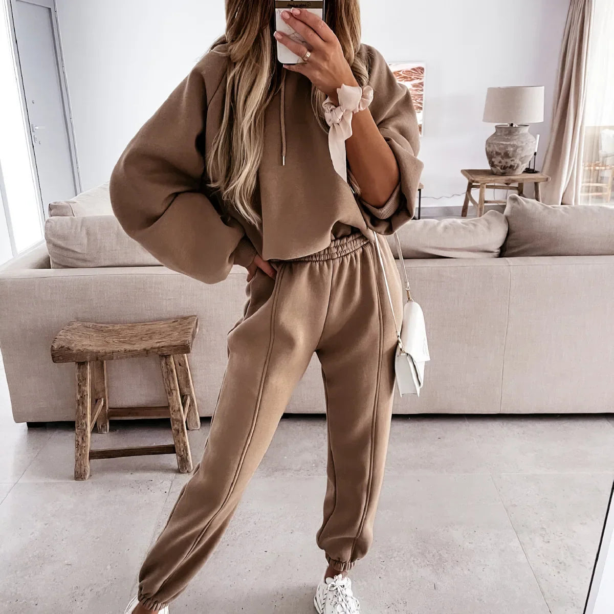 Brown long sleeve hooded sweatshirt and matching jogger sweatpants set