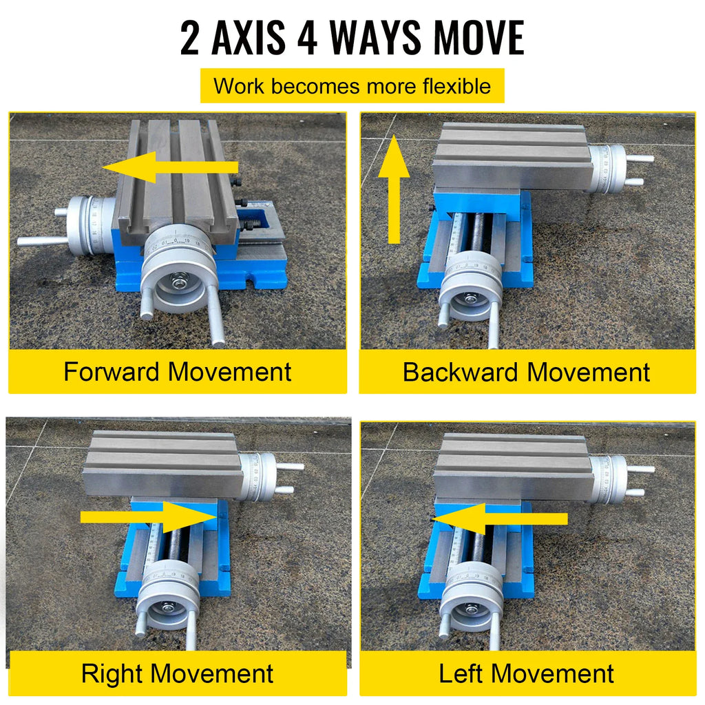 A four-panel collage demonstrating the forward, backward, right, and left movement of a compound milling table.