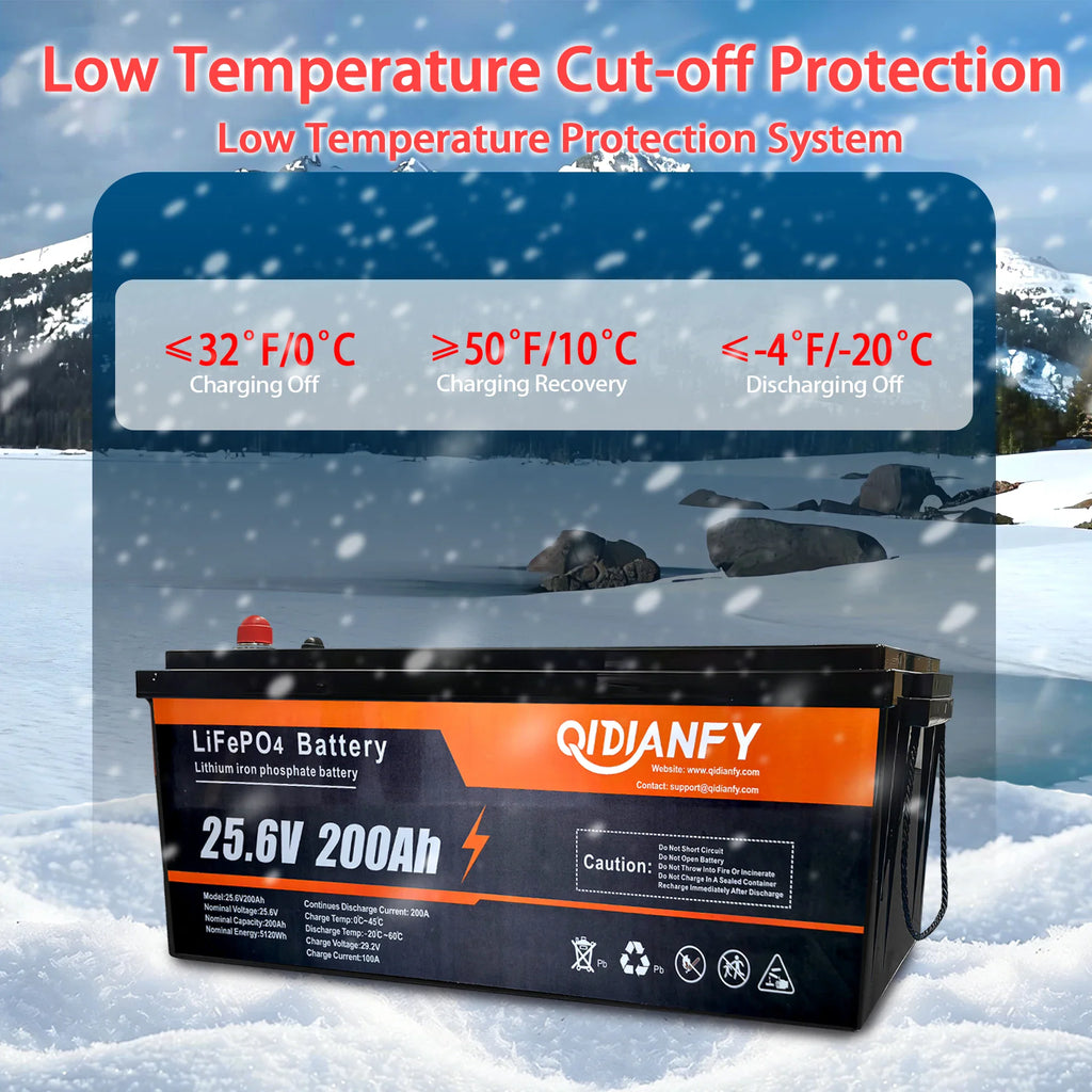 25.6V 200Ah lithium battery on snow showing low temperature protection specifications