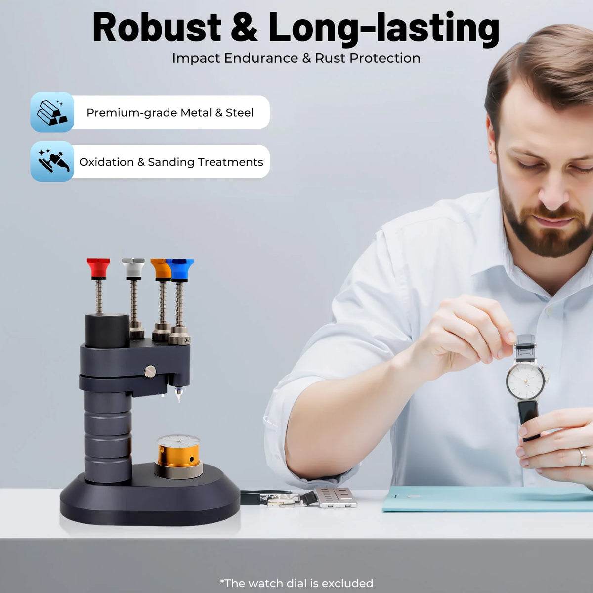 A durable watch hand setting tool for professional watch repair showing robust metal construction.