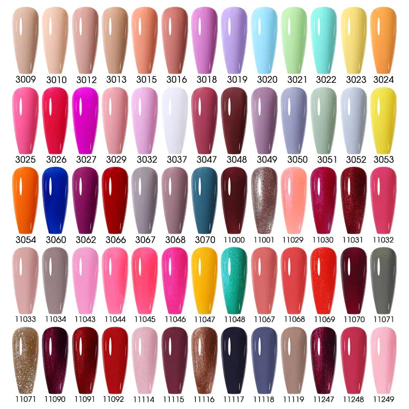 A comprehensive color chart of gel nail polishes with shade numbers labeled from 3000 to 11249.