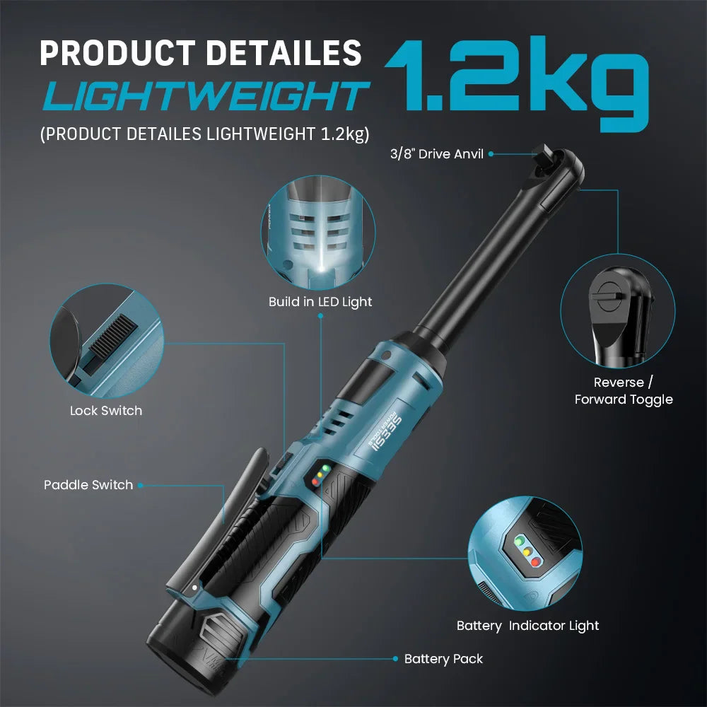 Detailed features of a cordless electric ratchet wrench including light, switch, battery indicator, and anvil.