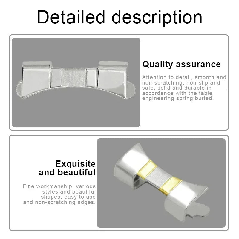 Metal watch band end connector components with detailed quality assurance text