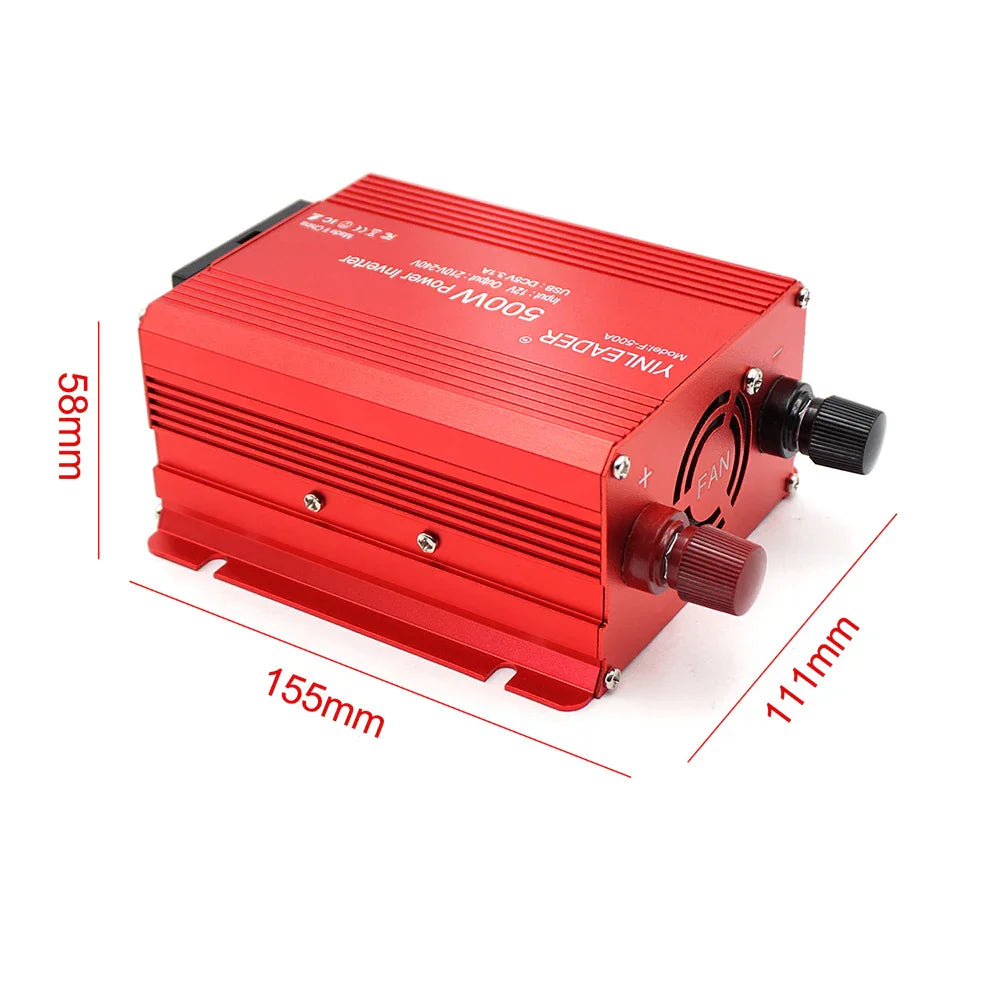 A red 500W car power inverter with dimensions labeled in millimeters