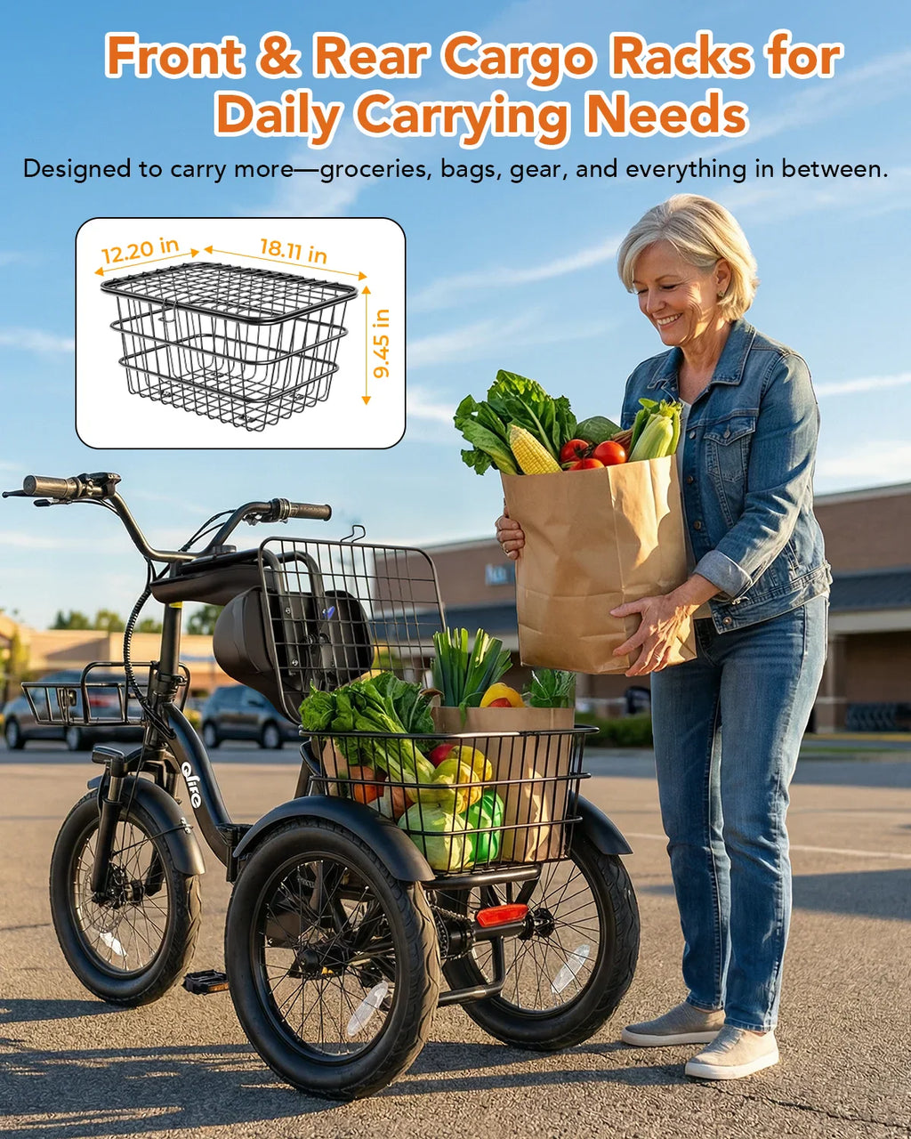 A woman putting groceries into the rear basket of an electric trike in a parking lot.