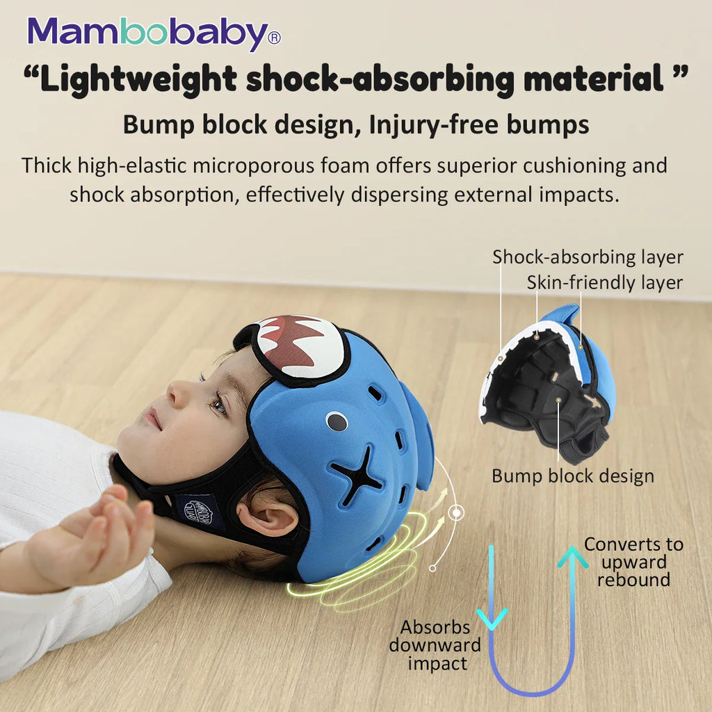 Blue shark design protective baby helmet showing shock-absorbing inner structure